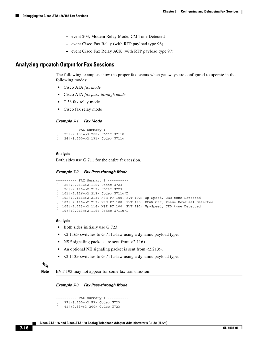 Cisco Systems ATA 188 manual Analyzing rtpcatch Output for Fax Sessions, Fax relay mode Cisco fax relay mode, Analysis 