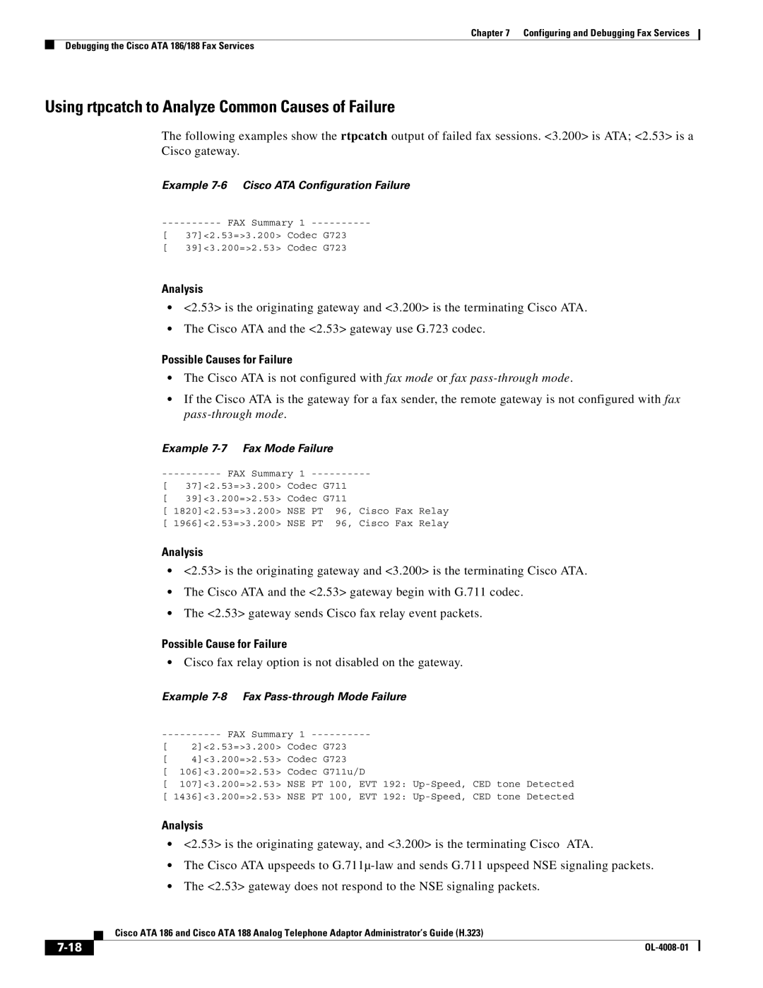 Cisco Systems ATA 188 manual Using rtpcatch to Analyze Common Causes of Failure, Possible Causes for Failure 