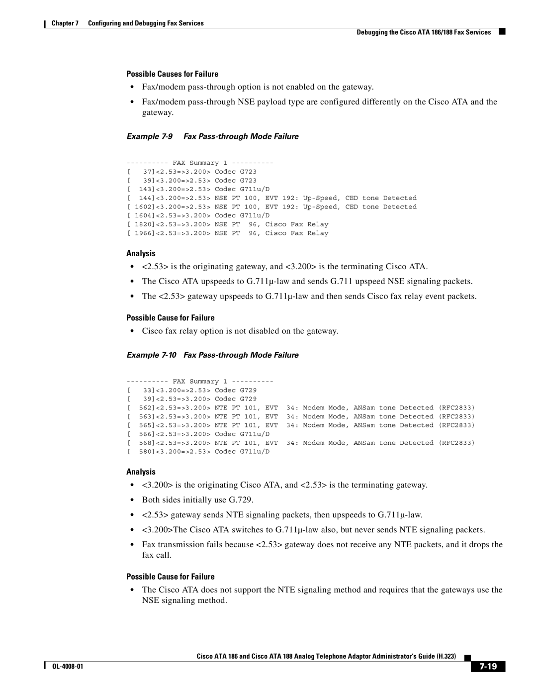 Cisco Systems ATA 188 manual Example 7-9 Fax Pass-through Mode Failure 