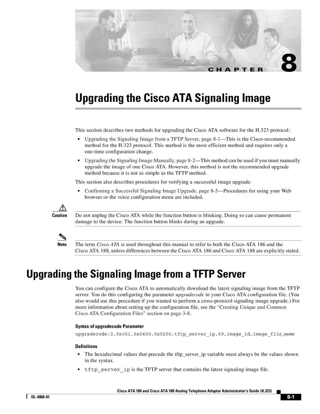 Cisco Systems ATA 188 manual Upgrading the Signaling Image from a Tftp Server, Syntax of upgradecode Parameter, Definitions 