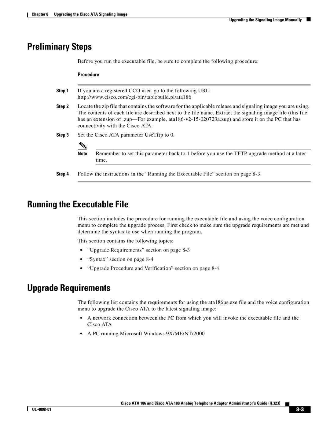 Cisco Systems ATA 188 manual Preliminary Steps, Running the Executable File, Upgrade Requirements 