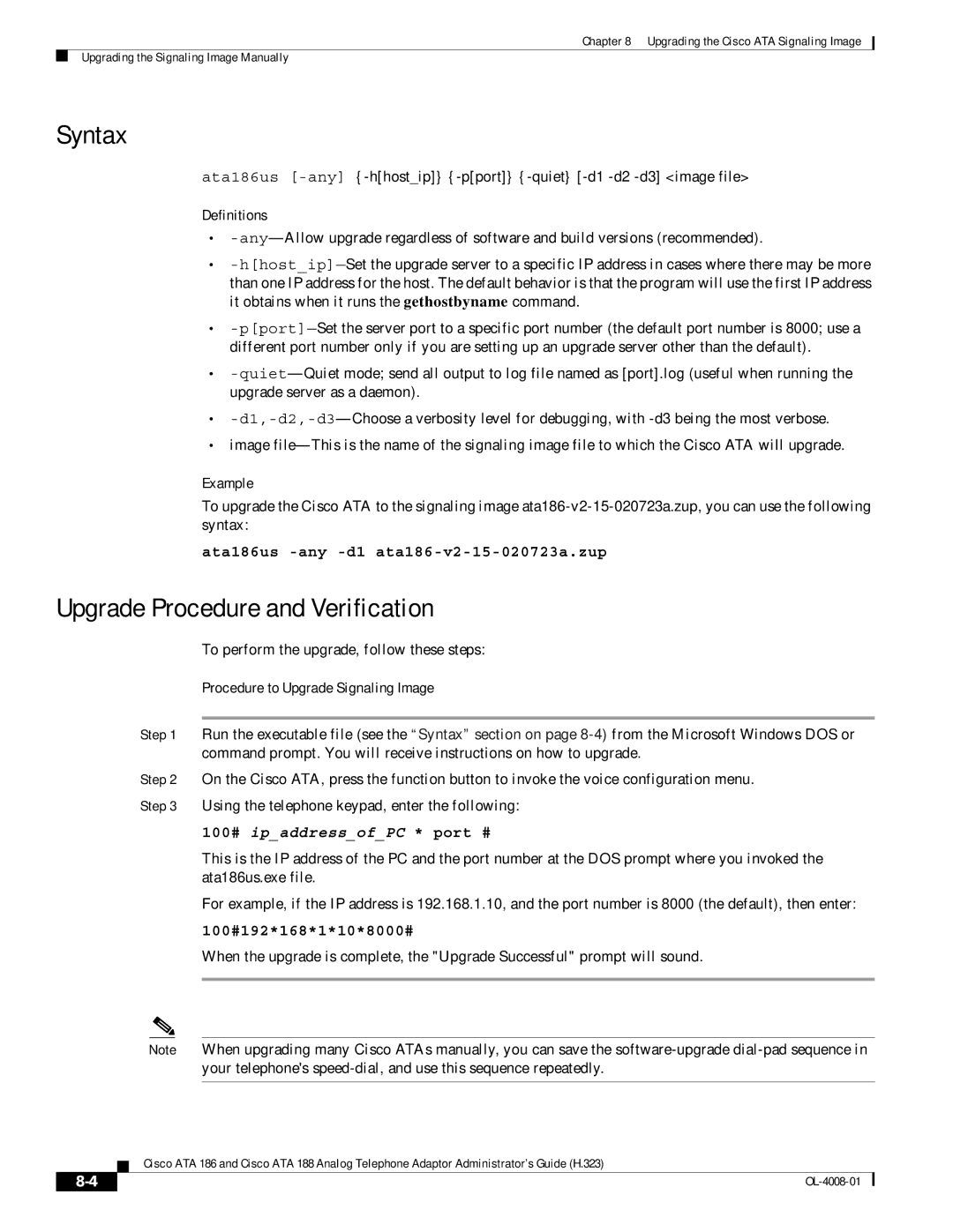 Cisco Systems ATA 188 manual Syntax, Upgrade Procedure and Verification, To perform the upgrade, follow these steps 