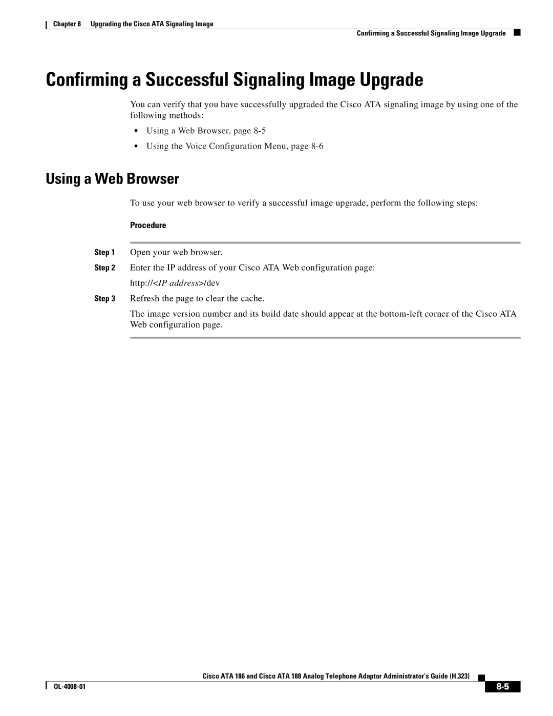 Cisco Systems ATA 188 manual Confirming a Successful Signaling Image Upgrade, Using a Web Browser 