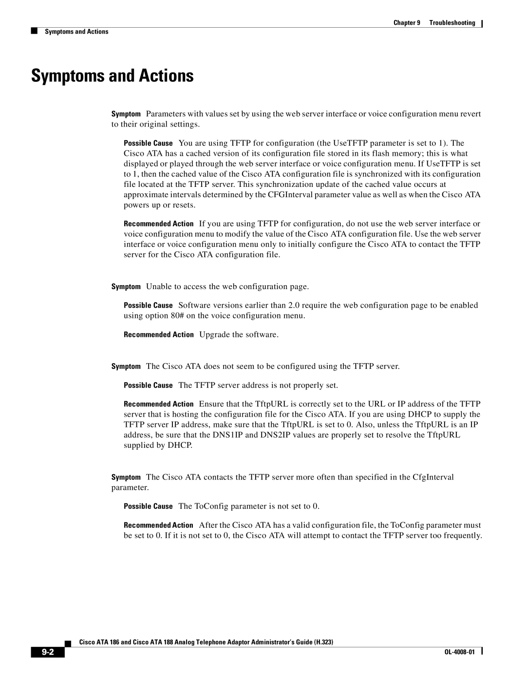 Cisco Systems ATA 188 manual Symptoms and Actions 