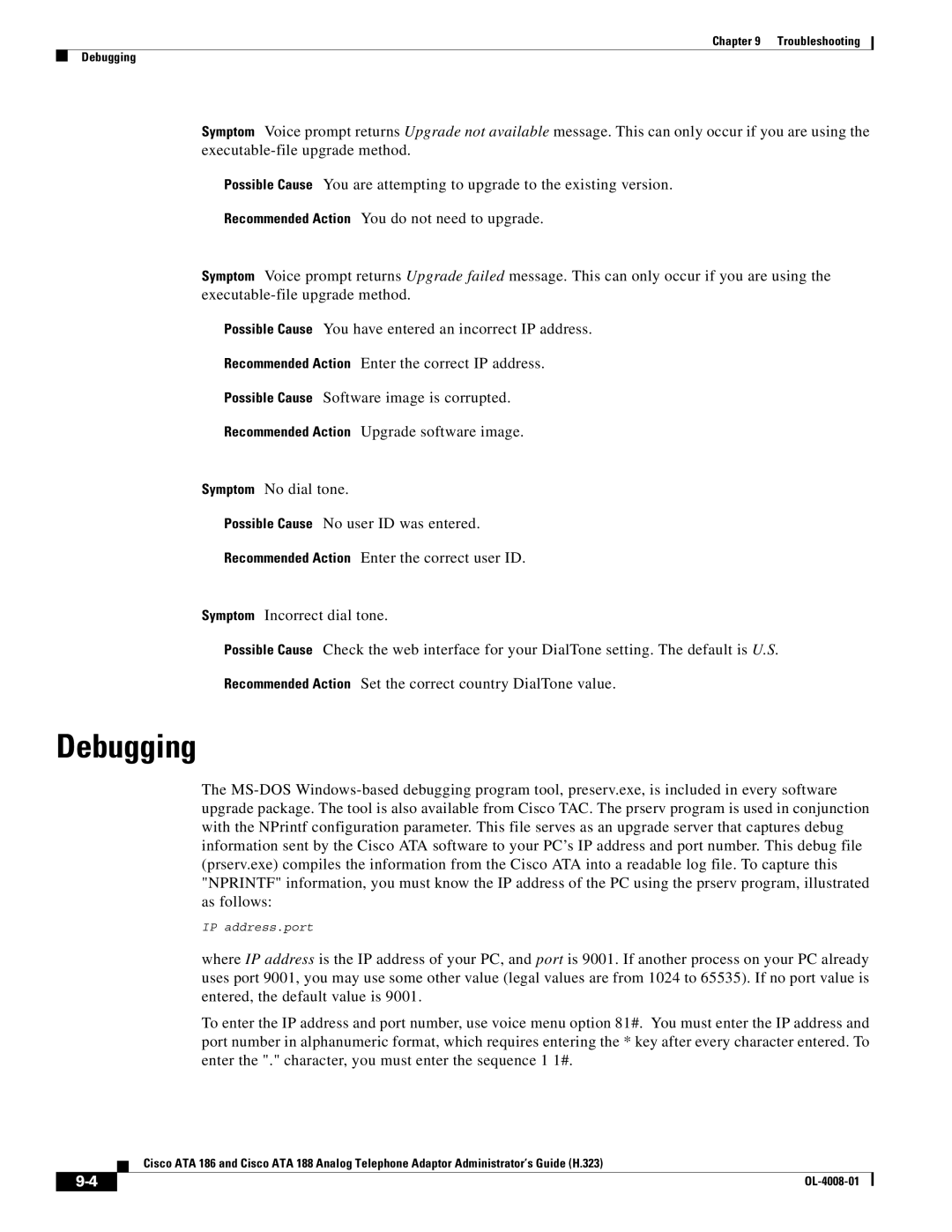 Cisco Systems ATA 188 manual Debugging 