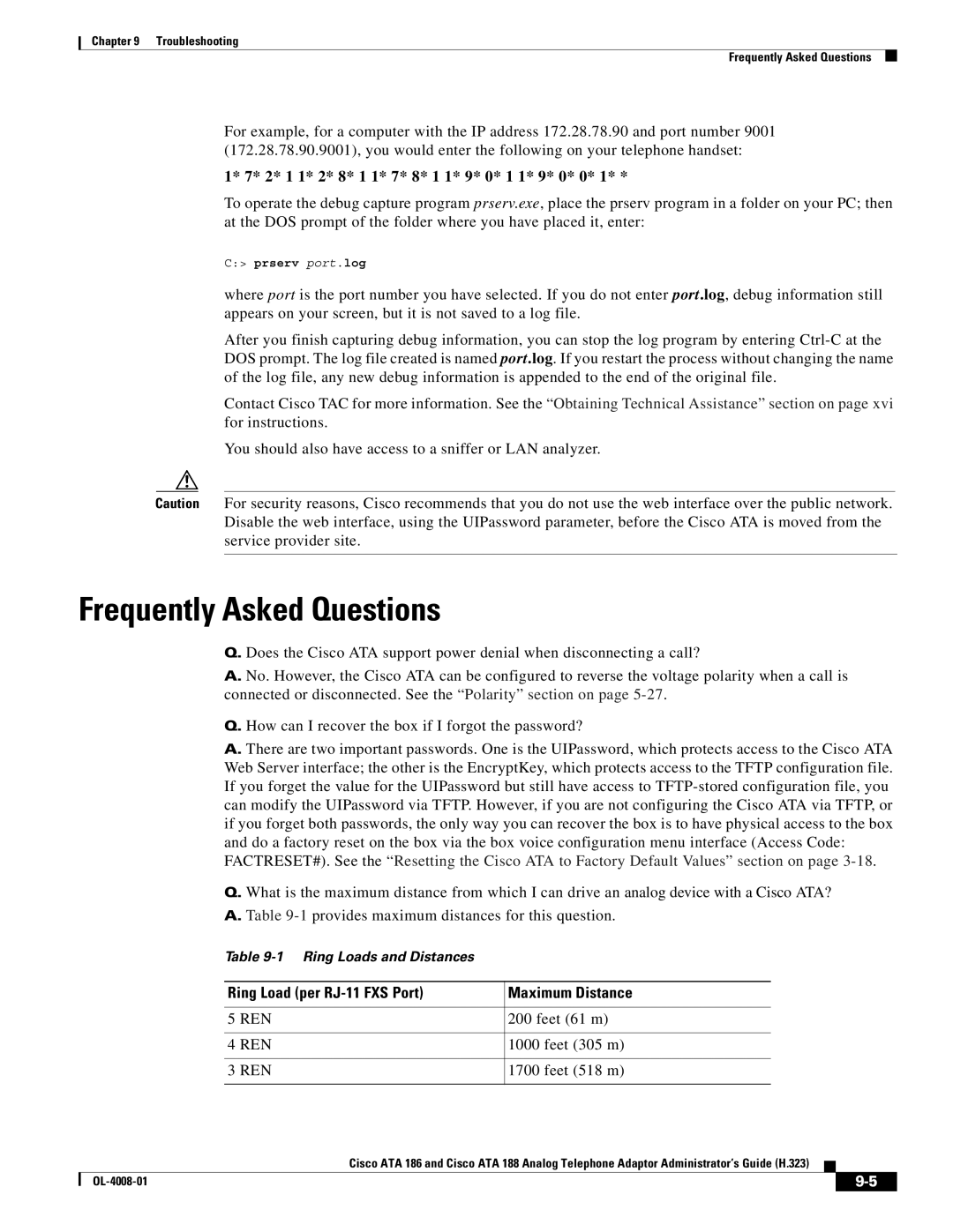 Cisco Systems ATA 188 manual Frequently Asked Questions, Ring Load per RJ-11 FXS Port Maximum Distance 