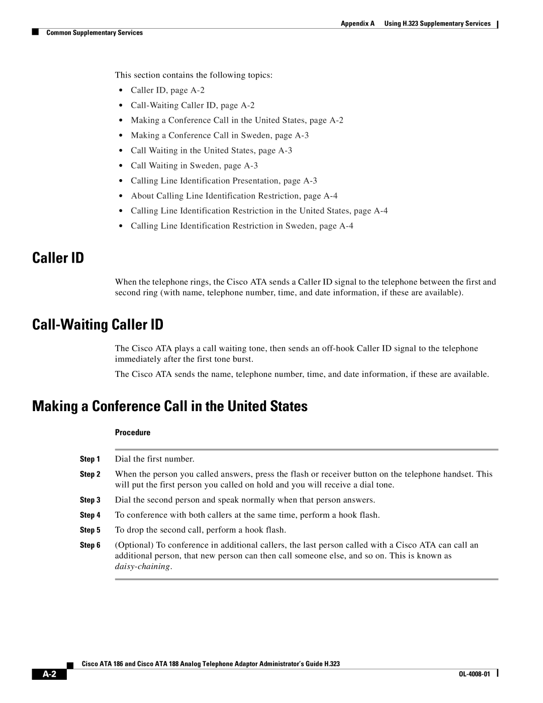 Cisco Systems ATA 188 manual Call-Waiting Caller ID, Making a Conference Call in the United States 