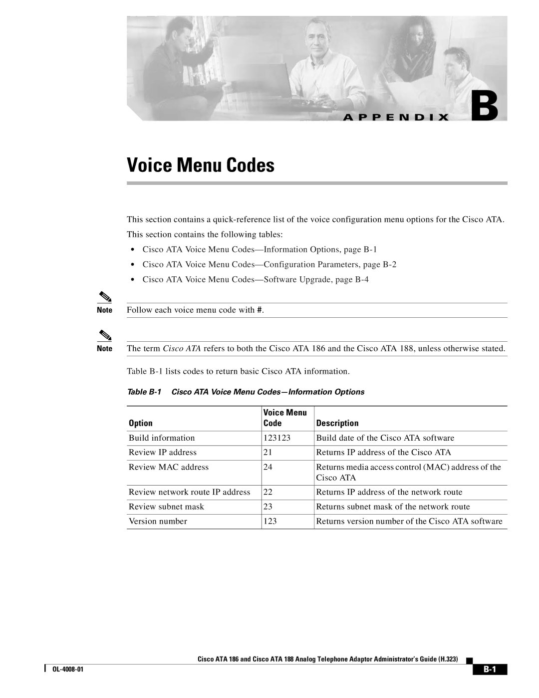 Cisco Systems ATA 188 manual Table B-1lists codes to return basic Cisco ATA information, Voice Menu Option Code Description 