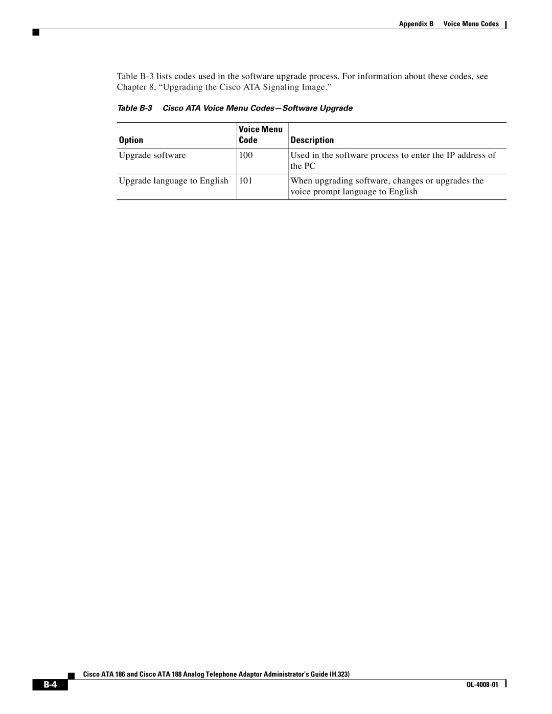 Cisco Systems ATA 188 manual Option Code Description 