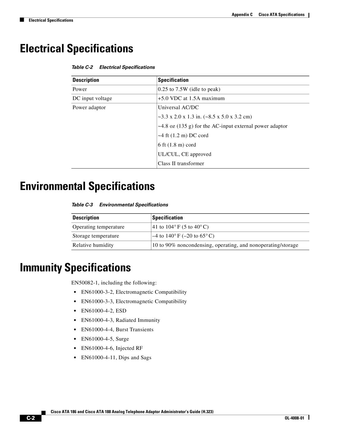 Cisco Systems ATA 188 manual Electrical Specifications, Environmental Specifications, Immunity Specifications 