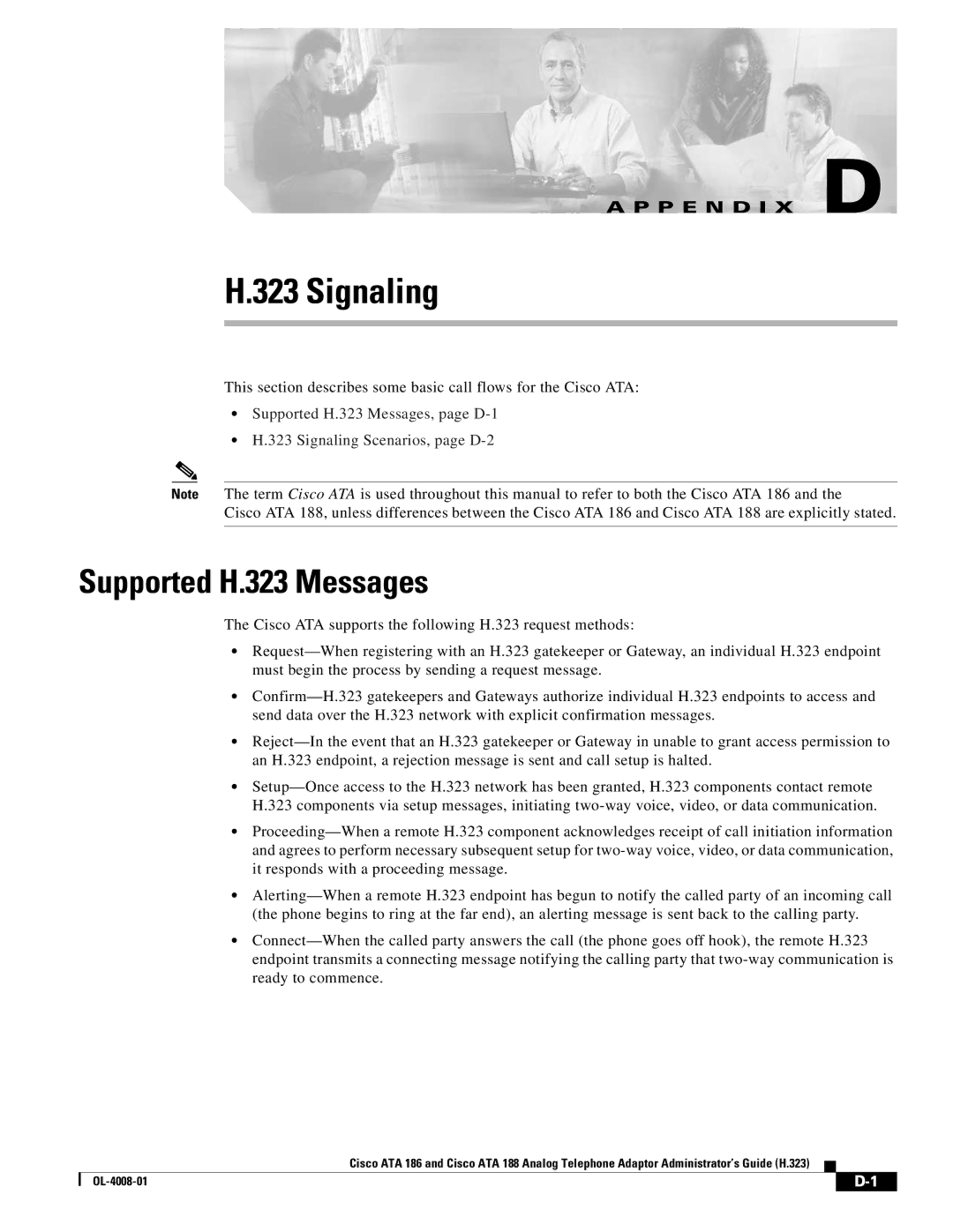 Cisco Systems ATA 188 manual Signaling, Supported H.323 Messages 