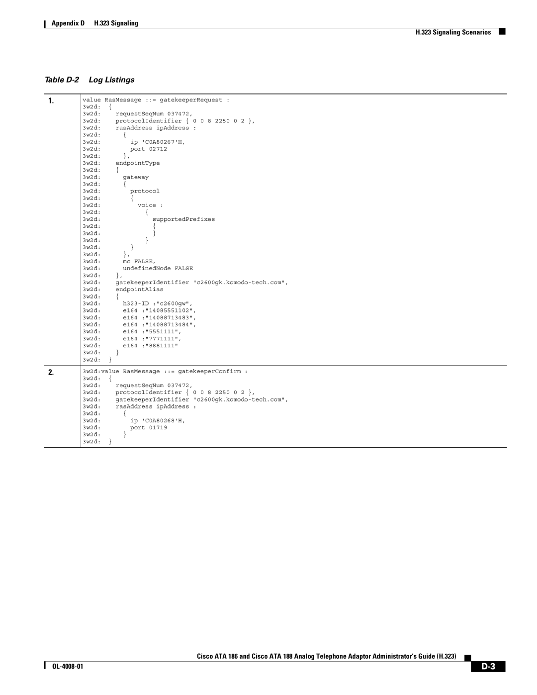 Cisco Systems ATA 188 manual Table D-2 Log Listings 