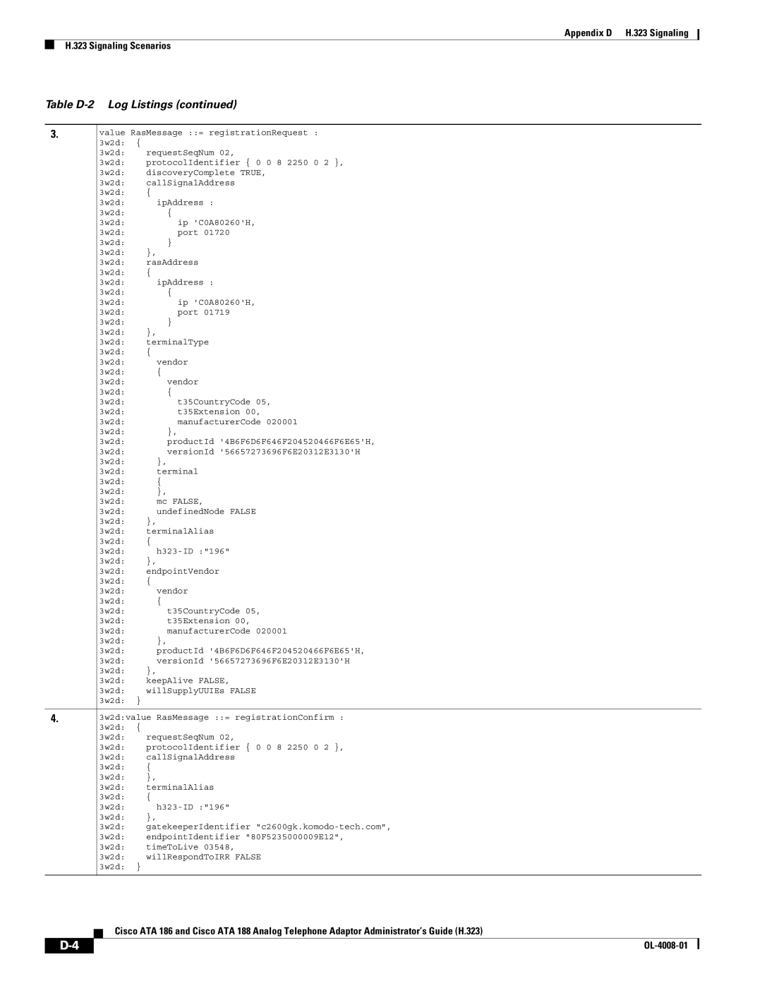 Cisco Systems ATA 188 manual Table D-2 Log Listings 