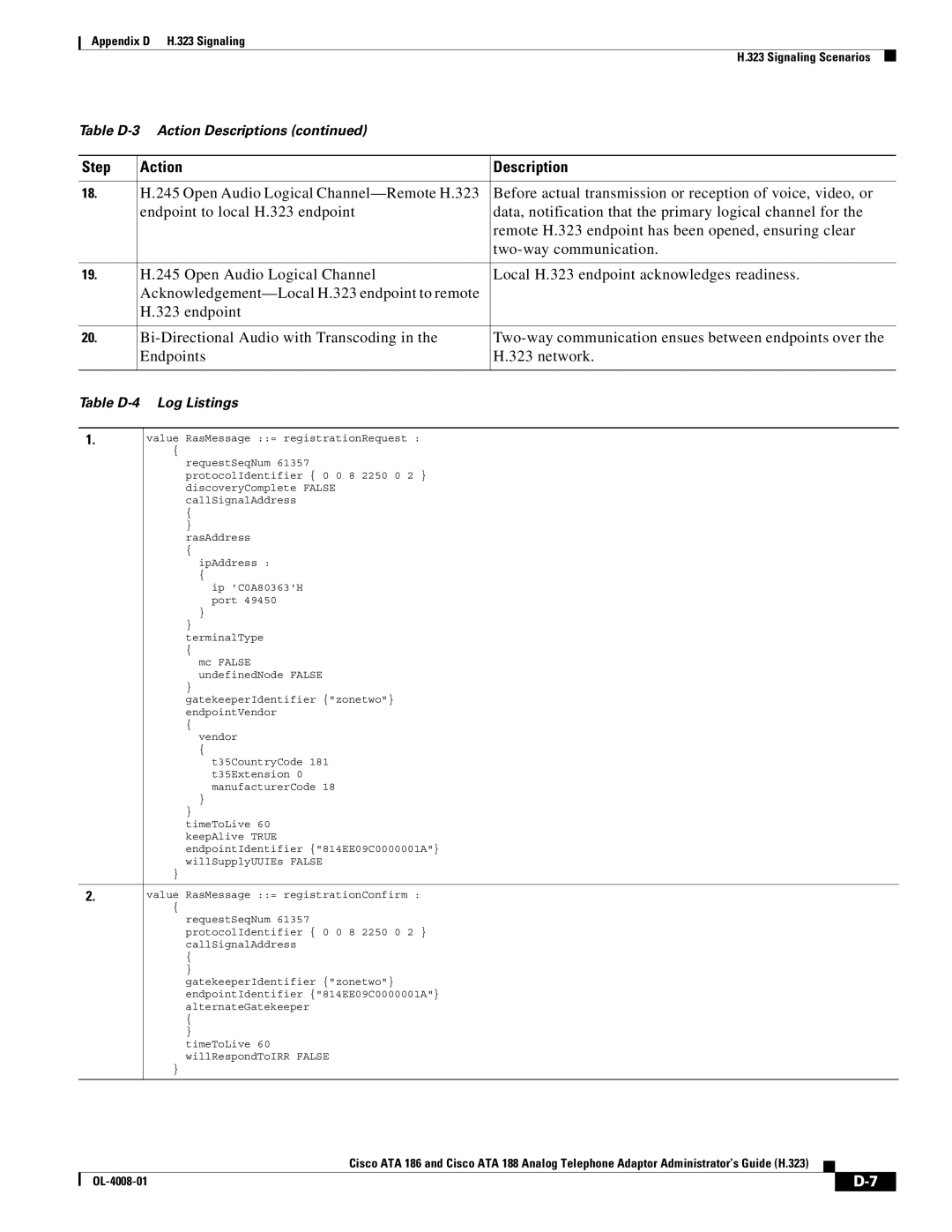 Cisco Systems ATA 188 manual Table D-4 Log Listings 