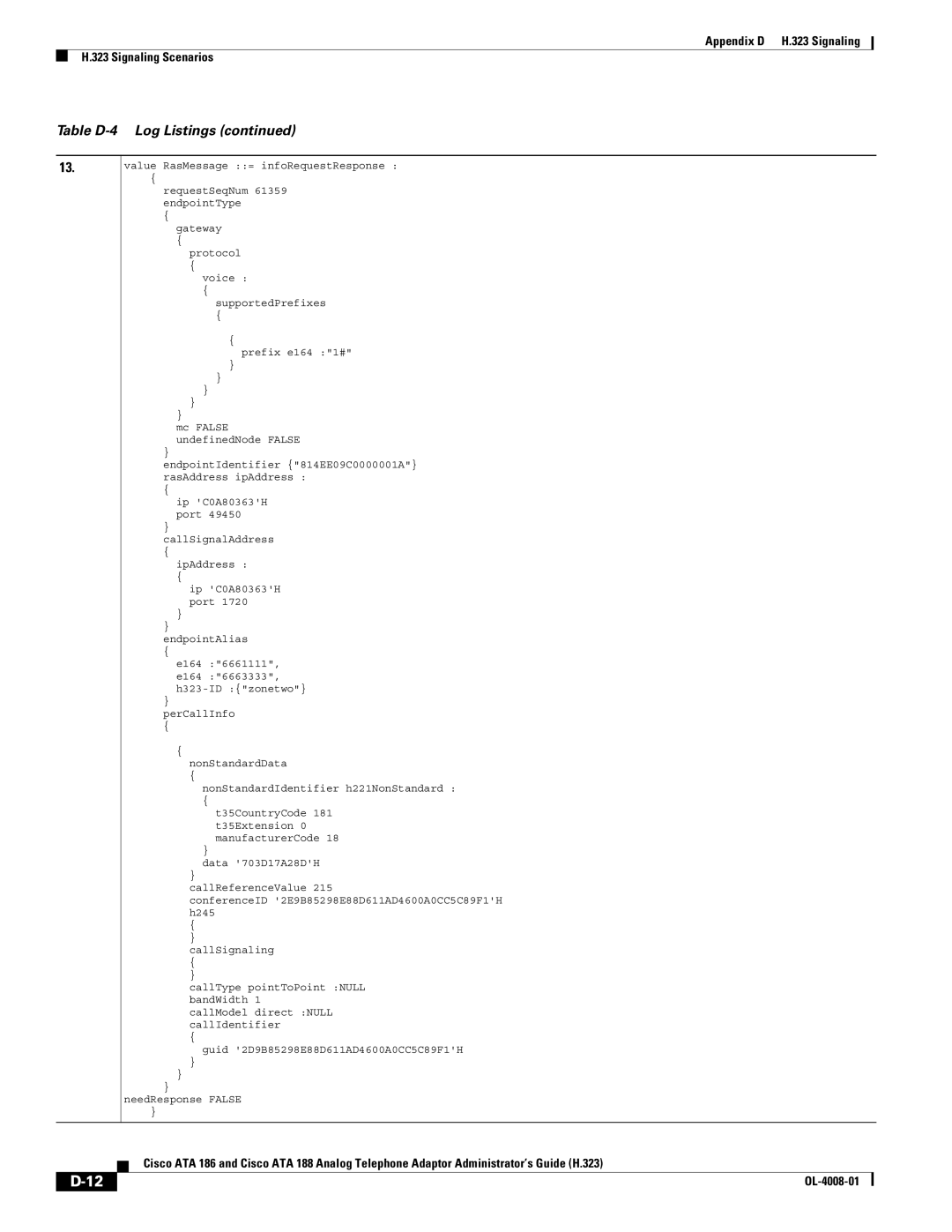 Cisco Systems ATA 188 manual Table D-4 Log Listings 