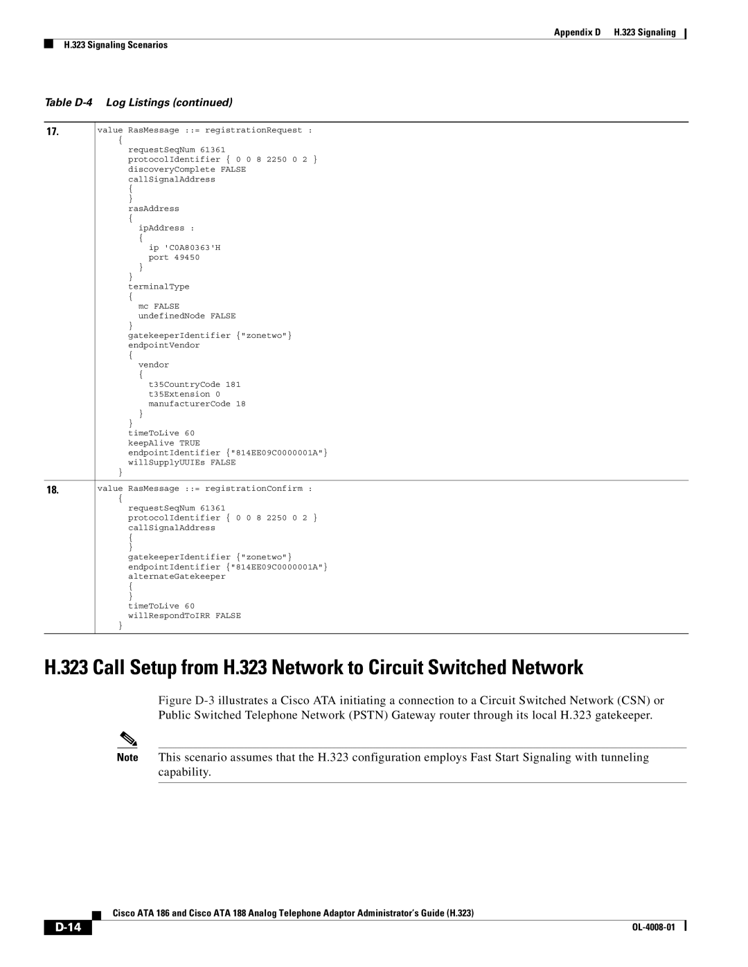 Cisco Systems ATA 188 manual Call Setup from H.323 Network to Circuit Switched Network 