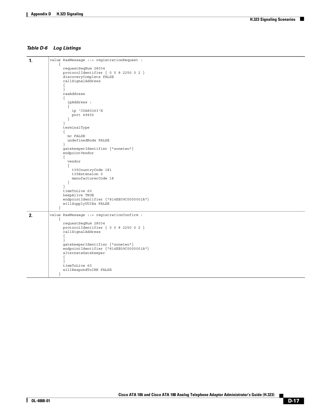 Cisco Systems ATA 188 manual Table D-6 Log Listings 