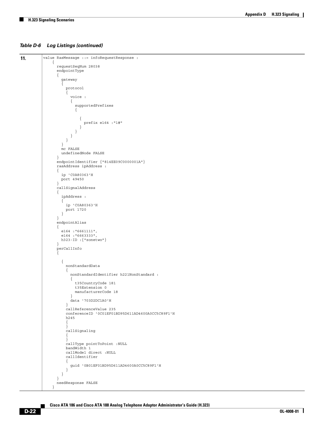 Cisco Systems ATA 188 manual Table D-6 Log Listings 