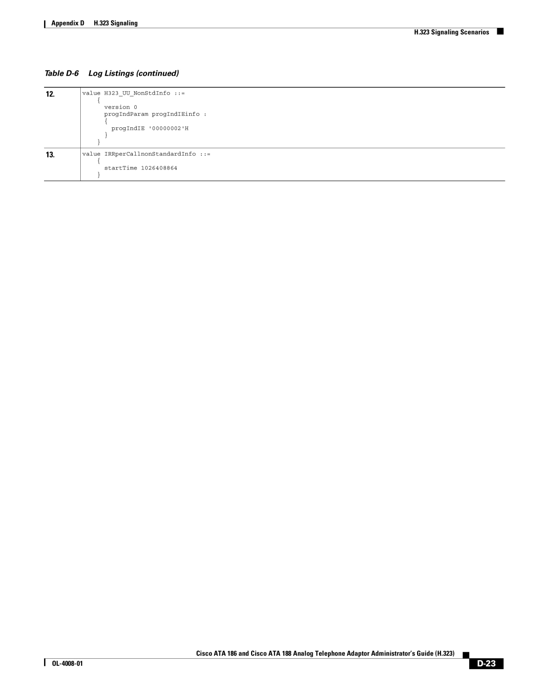 Cisco Systems ATA 188 manual Table D-6 Log Listings 