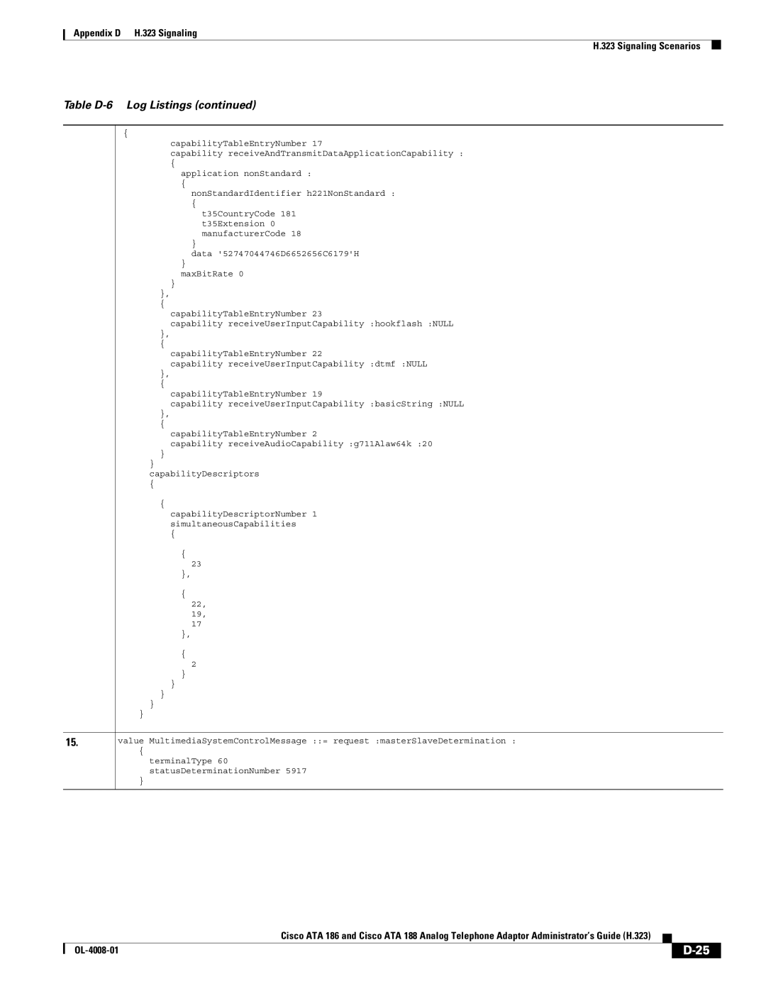 Cisco Systems ATA 188 manual Table D-6 Log Listings 