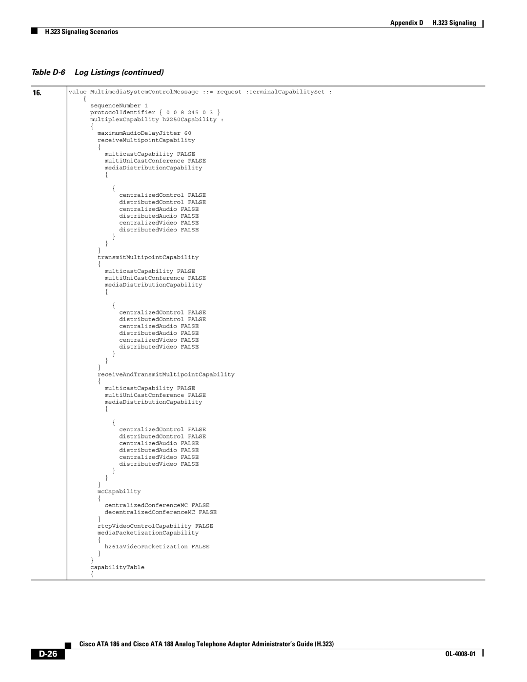 Cisco Systems ATA 188 manual Table D-6 Log Listings 