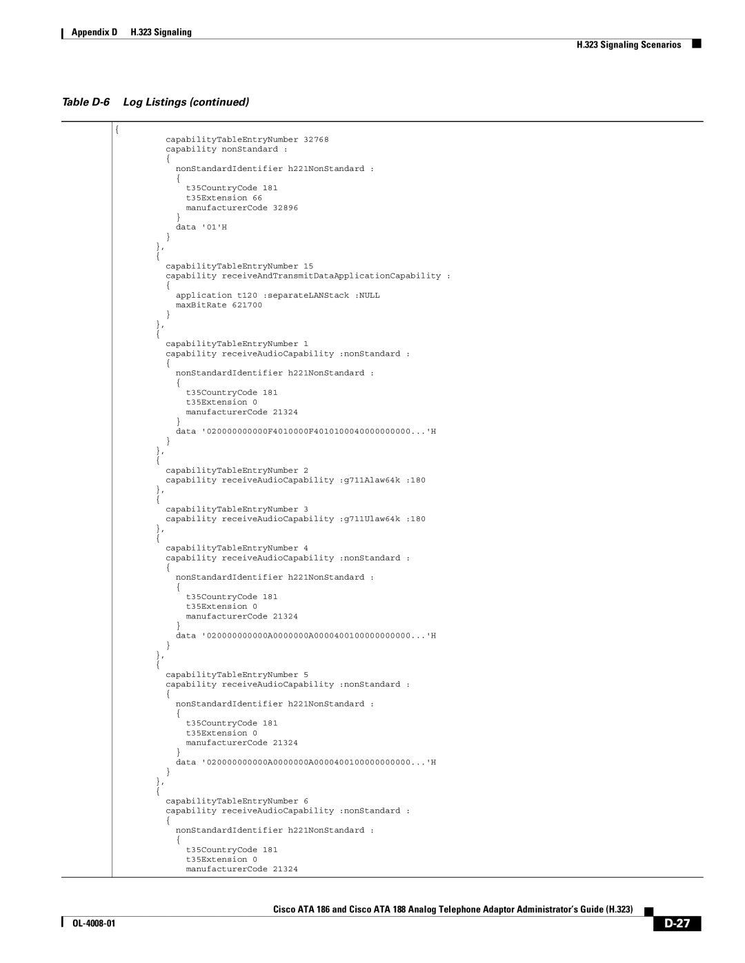 Cisco Systems ATA 188 manual Table D-6 Log Listings 