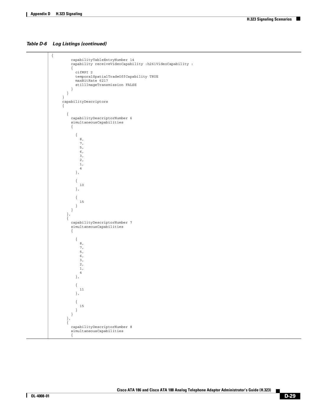 Cisco Systems ATA 188 manual Table D-6 Log Listings 