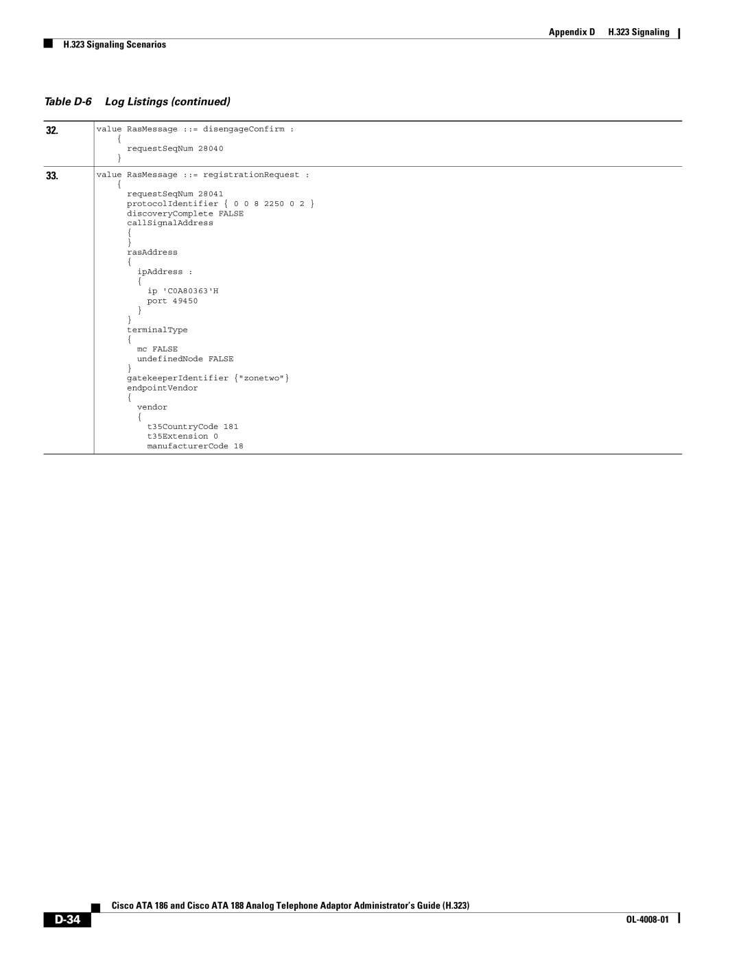 Cisco Systems ATA 188 manual Table D-6 Log Listings 