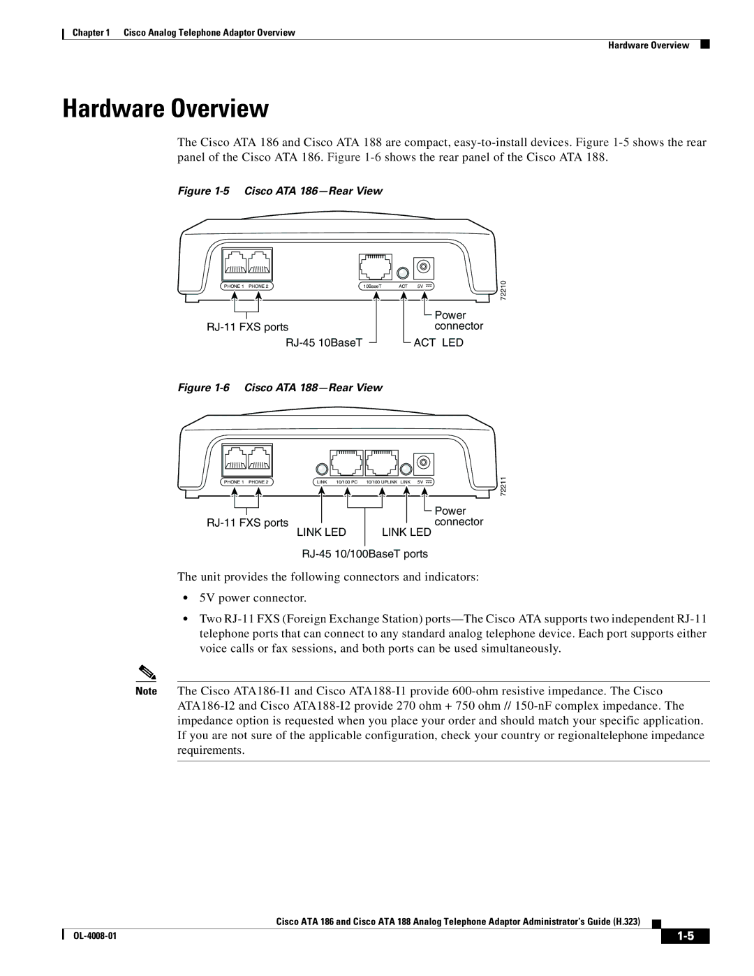 Cisco Systems ATA 188 manual Hardware Overview, Cisco ATA 186-Rear View 