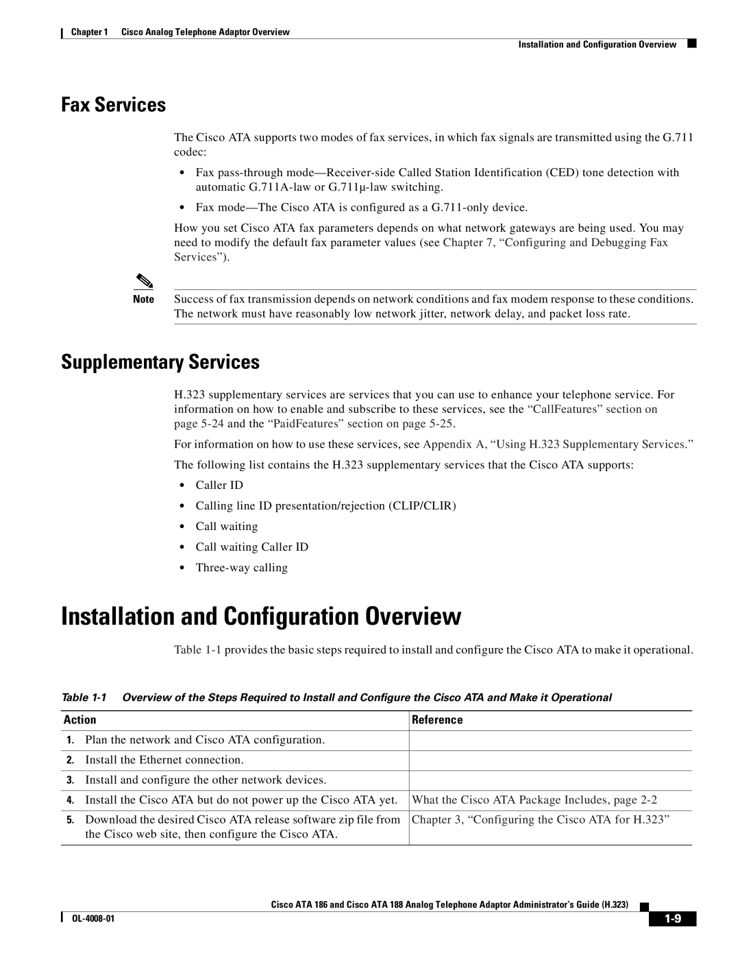 Cisco Systems ATA 188 Installation and Configuration Overview, Fax Services, Supplementary Services, Action Reference 