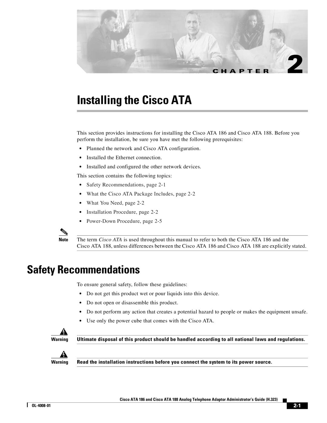 Cisco Systems ATA 188 manual Installing the Cisco ATA, Safety Recommendations 