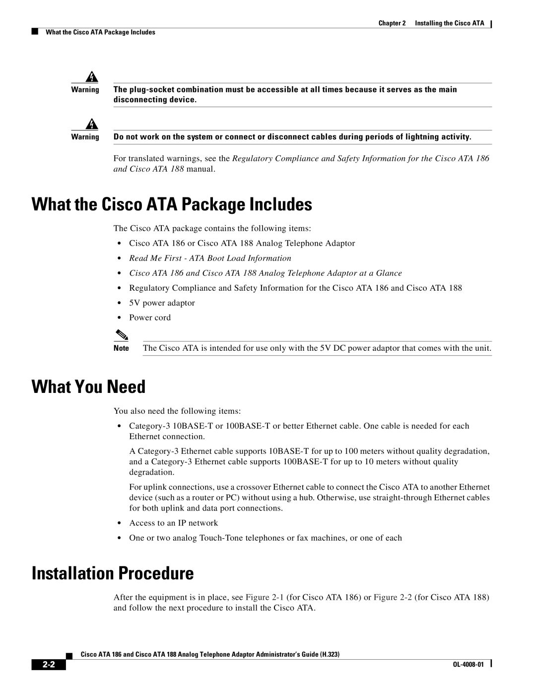 Cisco Systems ATA 188 manual What the Cisco ATA Package Includes, What You Need, Installation Procedure 