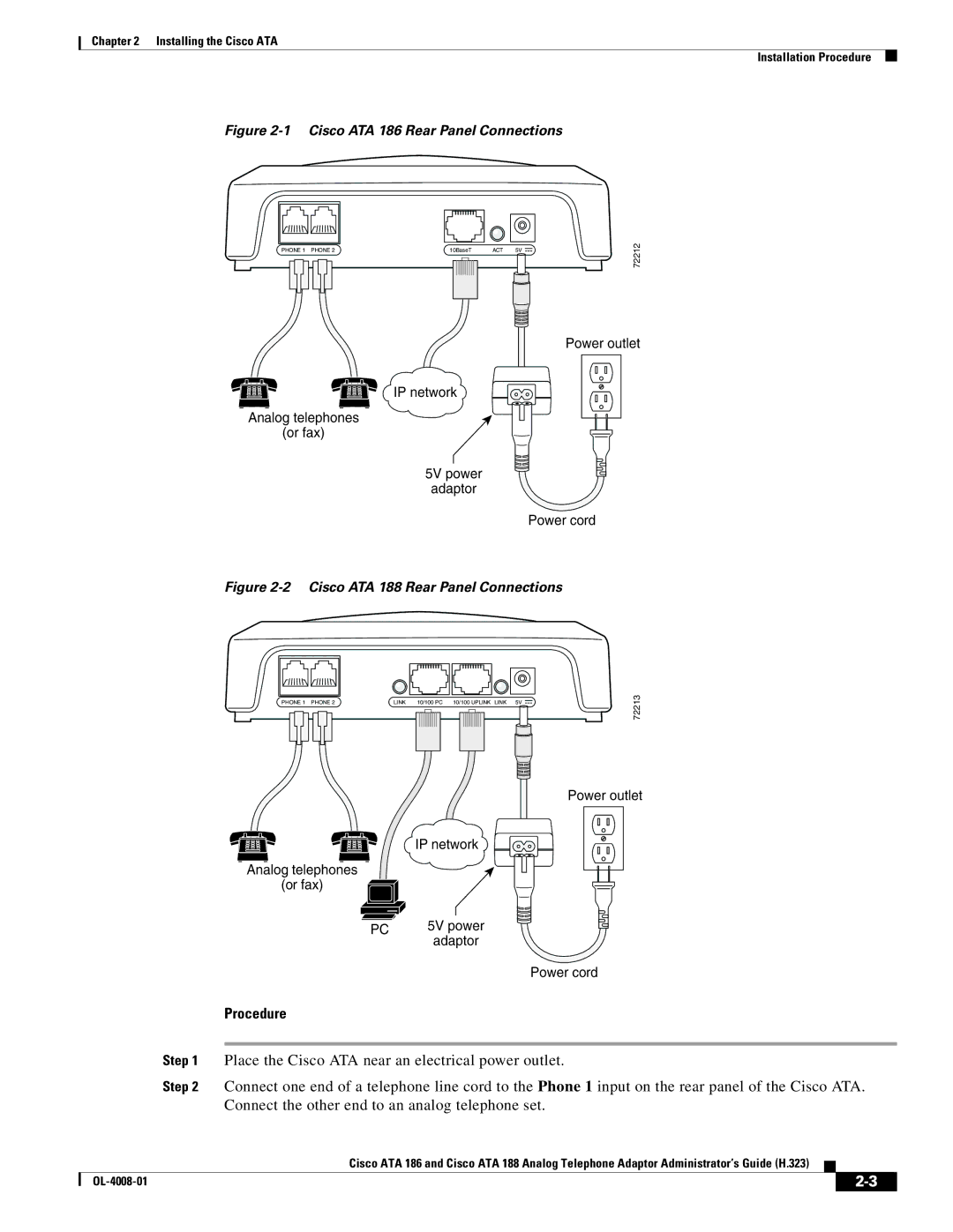 Cisco Systems ATA 188 manual Procedure, Cisco ATA 186 Rear Panel Connections 