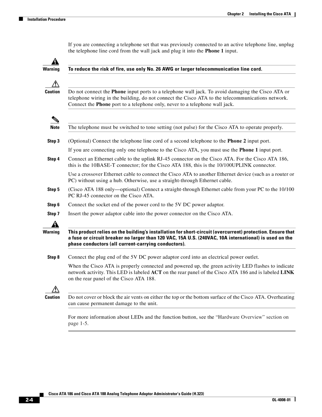 Cisco Systems ATA 188 manual Installing the Cisco ATA Installation Procedure 