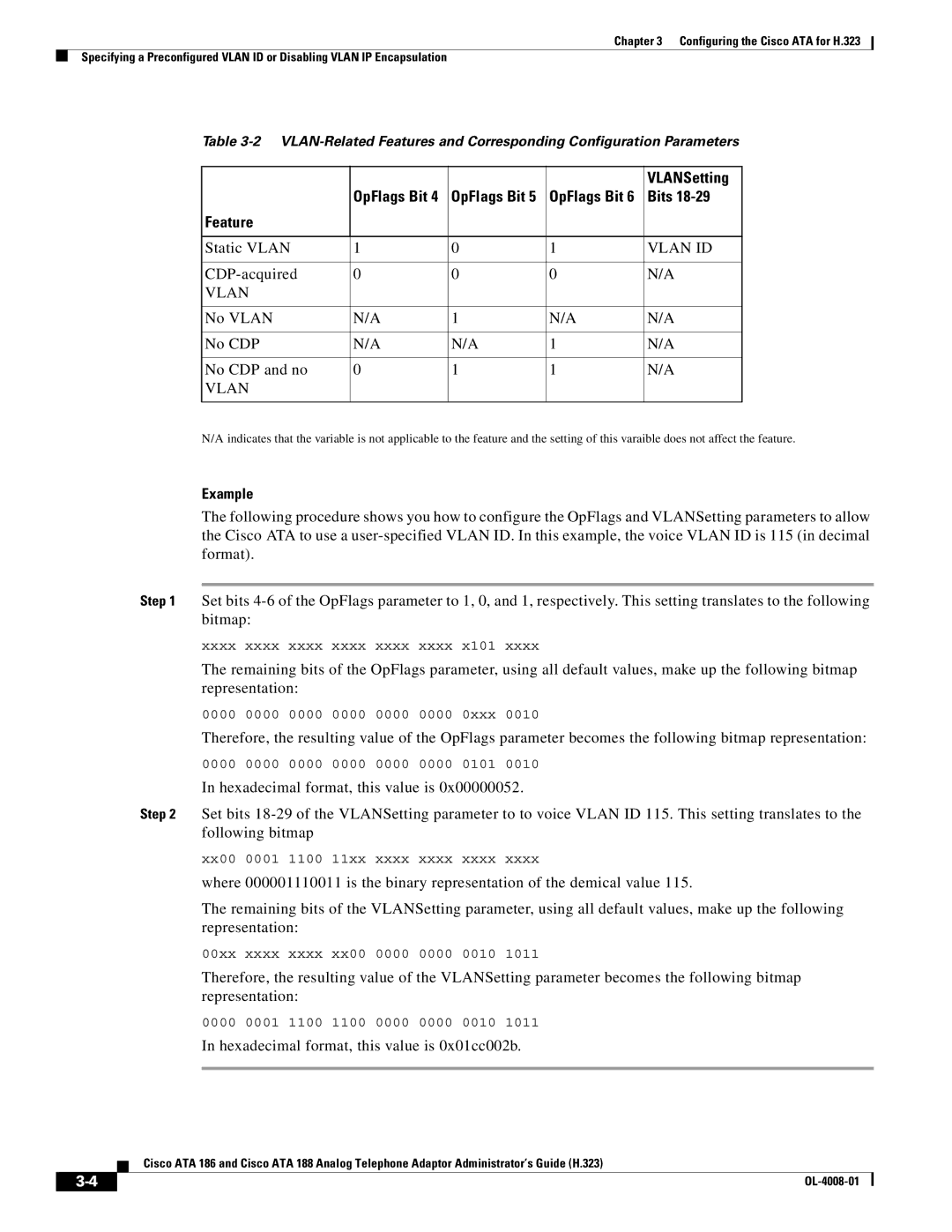 Cisco Systems ATA 188 manual VLANSetting, Bits, Feature, Example 