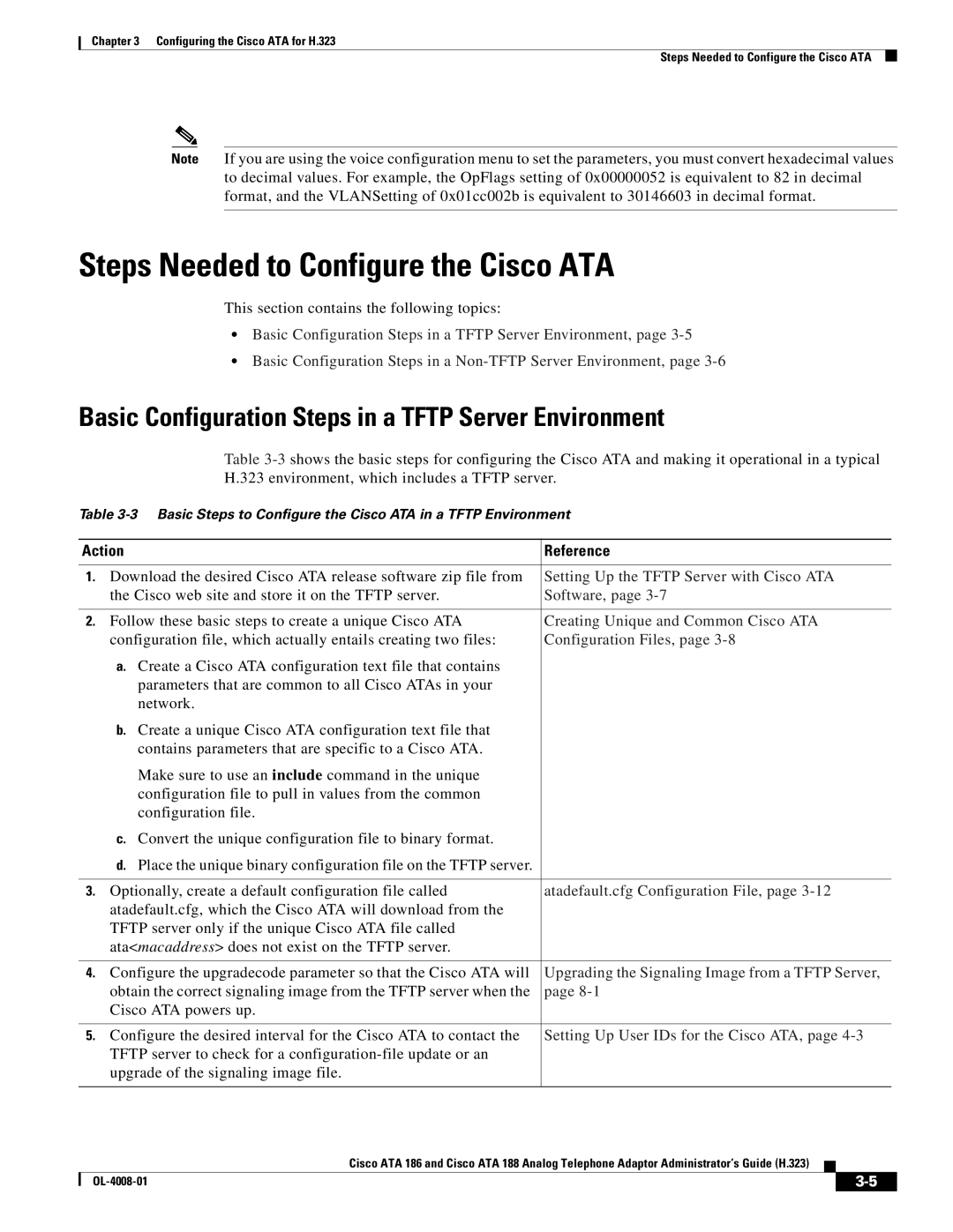 Cisco Systems ATA 188 Steps Needed to Configure the Cisco ATA, Basic Configuration Steps in a Tftp Server Environment 