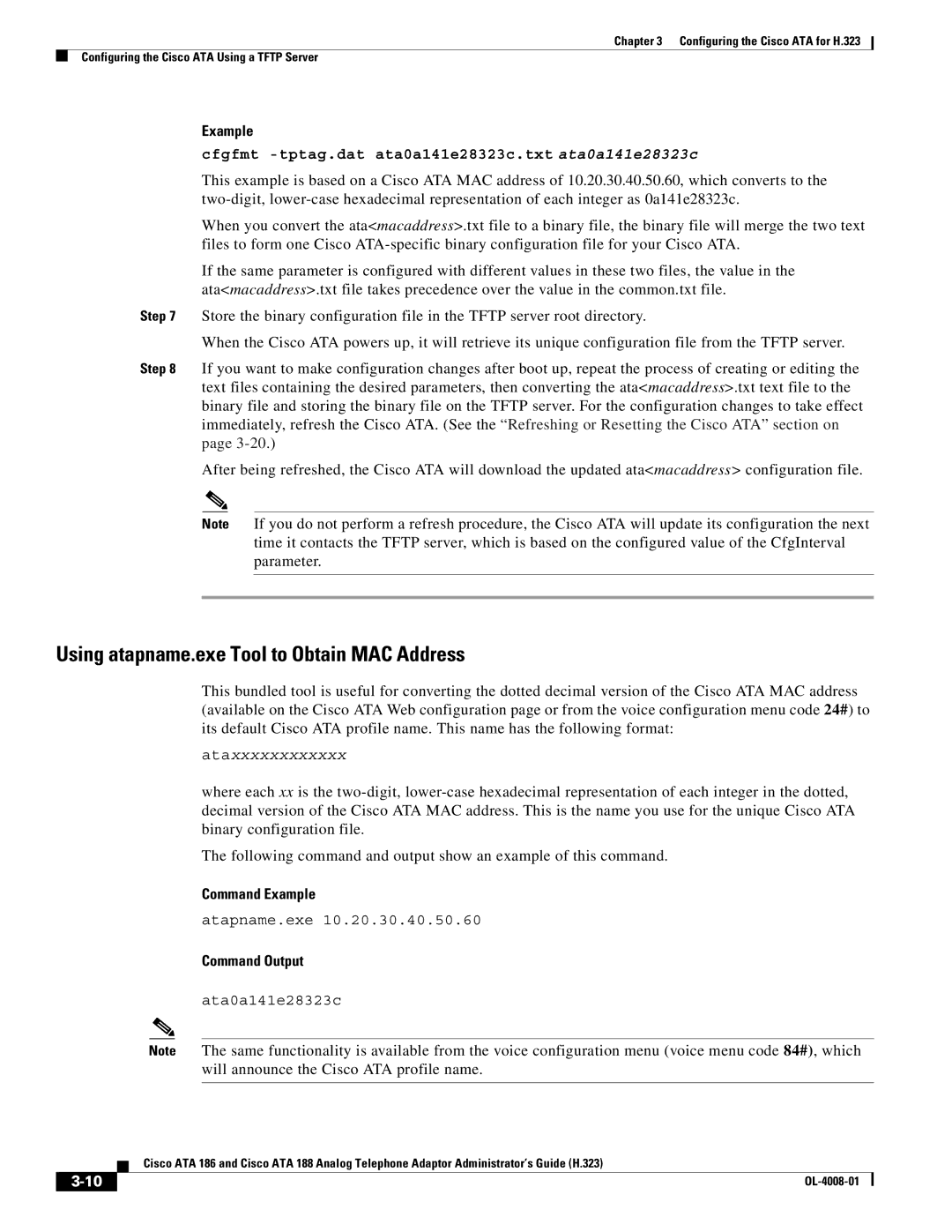 Cisco Systems ATA 188 manual Using atapname.exe Tool to Obtain MAC Address, Command Example, Command Output 