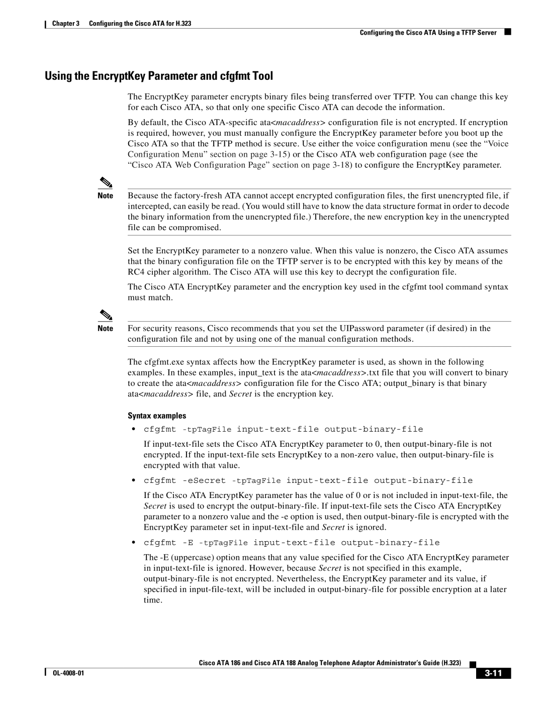 Cisco Systems ATA 188 manual Using the EncryptKey Parameter and cfgfmt Tool, Syntax examples 