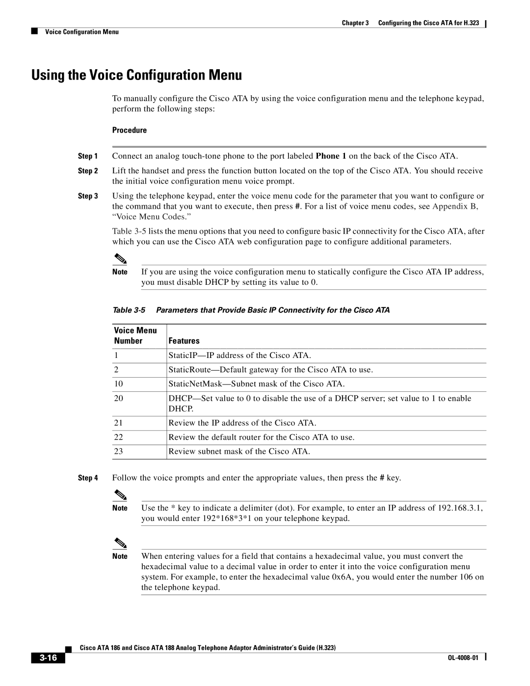 Cisco Systems ATA 188 manual Using the Voice Configuration Menu, Voice Menu Number Features 