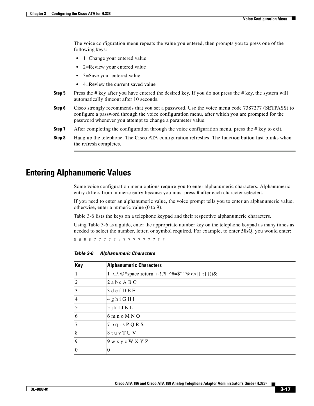 Cisco Systems ATA 188 manual Entering Alphanumeric Values, Key Alphanumeric Characters 