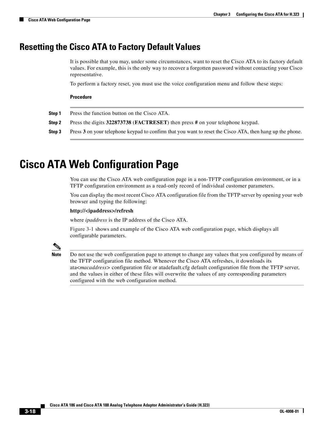 Cisco Systems ATA 188 manual Cisco ATA Web Configuration, Resetting the Cisco ATA to Factory Default Values 