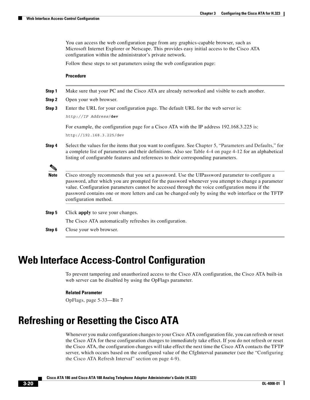 Cisco Systems ATA 188 Web Interface Access-Control Configuration, Refreshing or Resetting the Cisco ATA, Related Parameter 