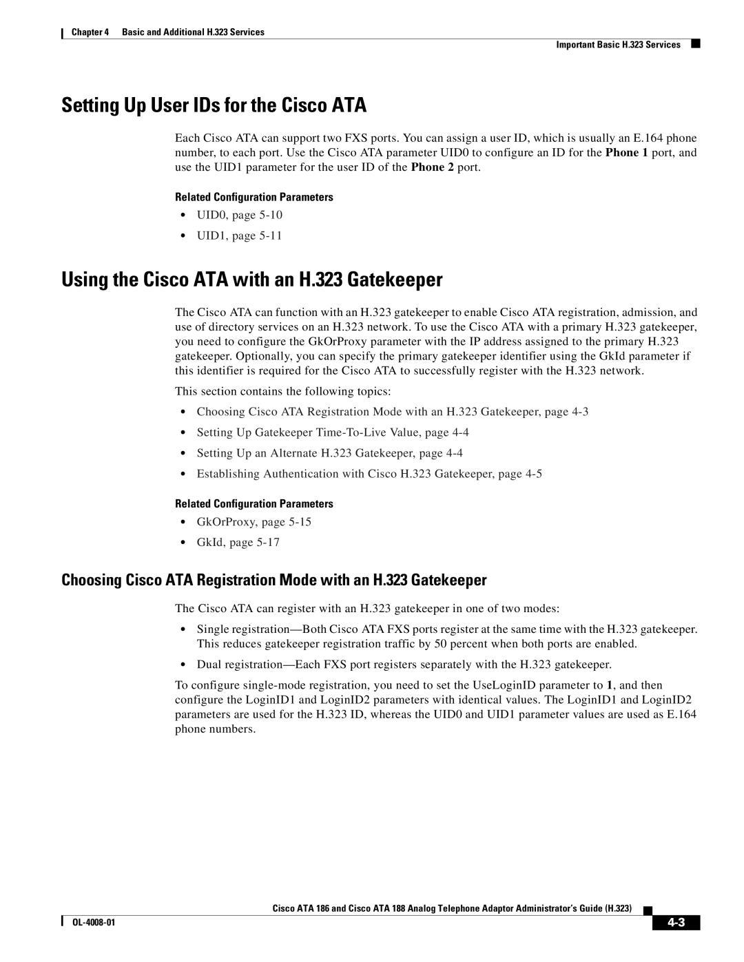 Cisco Systems ATA 188 Setting Up User IDs for the Cisco ATA, Using the Cisco ATA with an H.323 Gatekeeper, UID0, UID1 