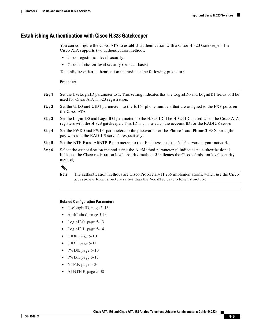 Cisco Systems ATA 188 manual Establishing Authentication with Cisco H.323 Gatekeeper, Procedure 