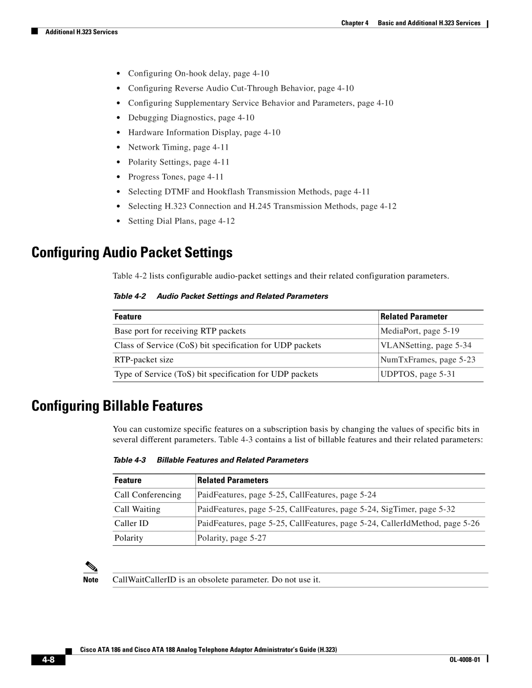 Cisco Systems ATA 188 manual Configuring Audio Packet Settings, Configuring Billable Features 