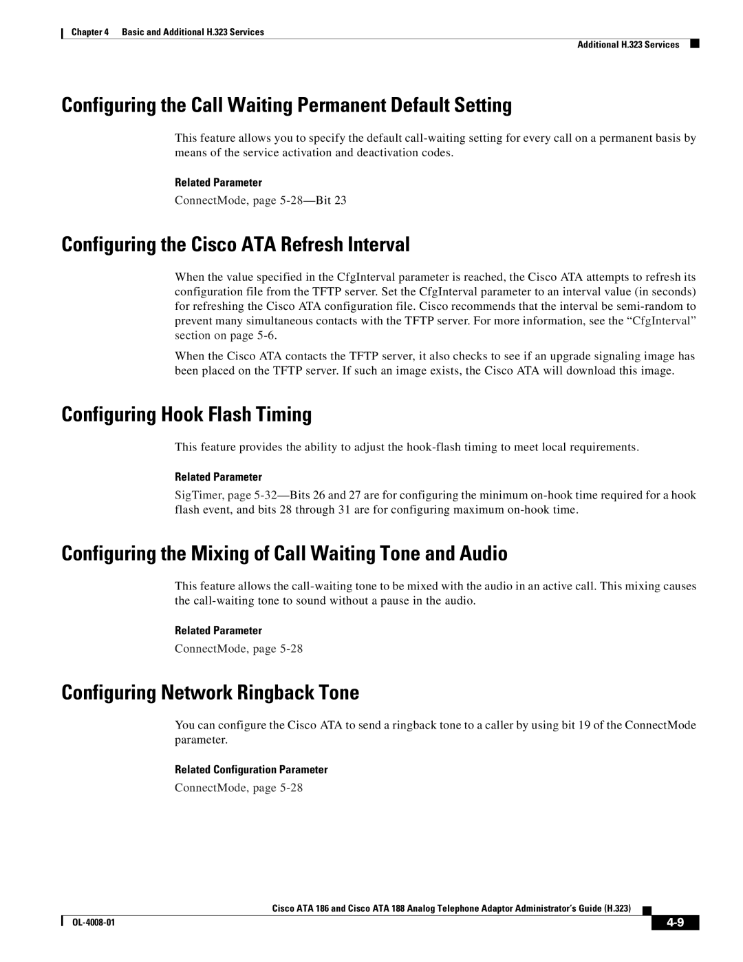 Cisco Systems ATA 188 Configuring the Call Waiting Permanent Default Setting, Configuring the Cisco ATA Refresh Interval 