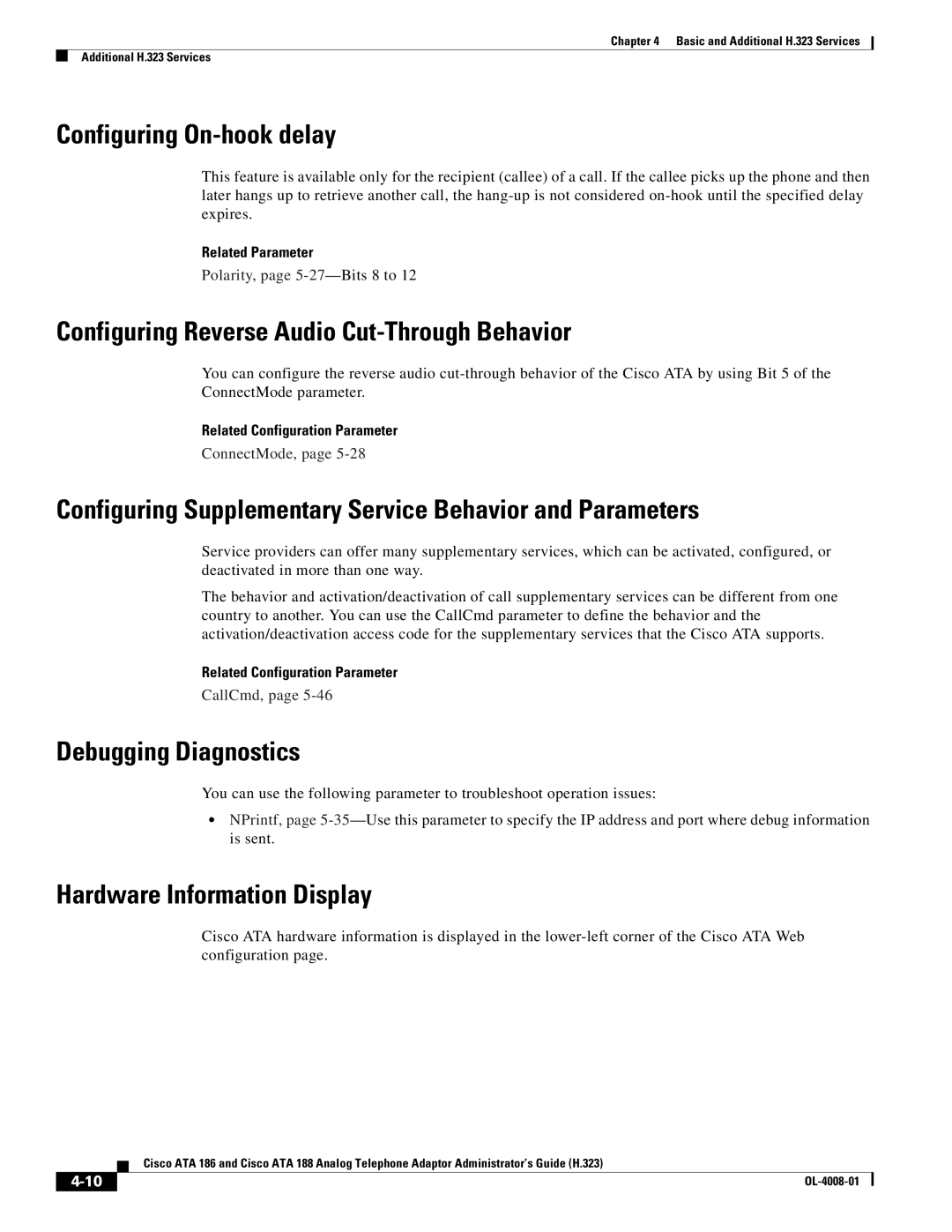 Cisco Systems ATA 188 Configuring On-hook delay, Configuring Reverse Audio Cut-Through Behavior, Debugging Diagnostics 