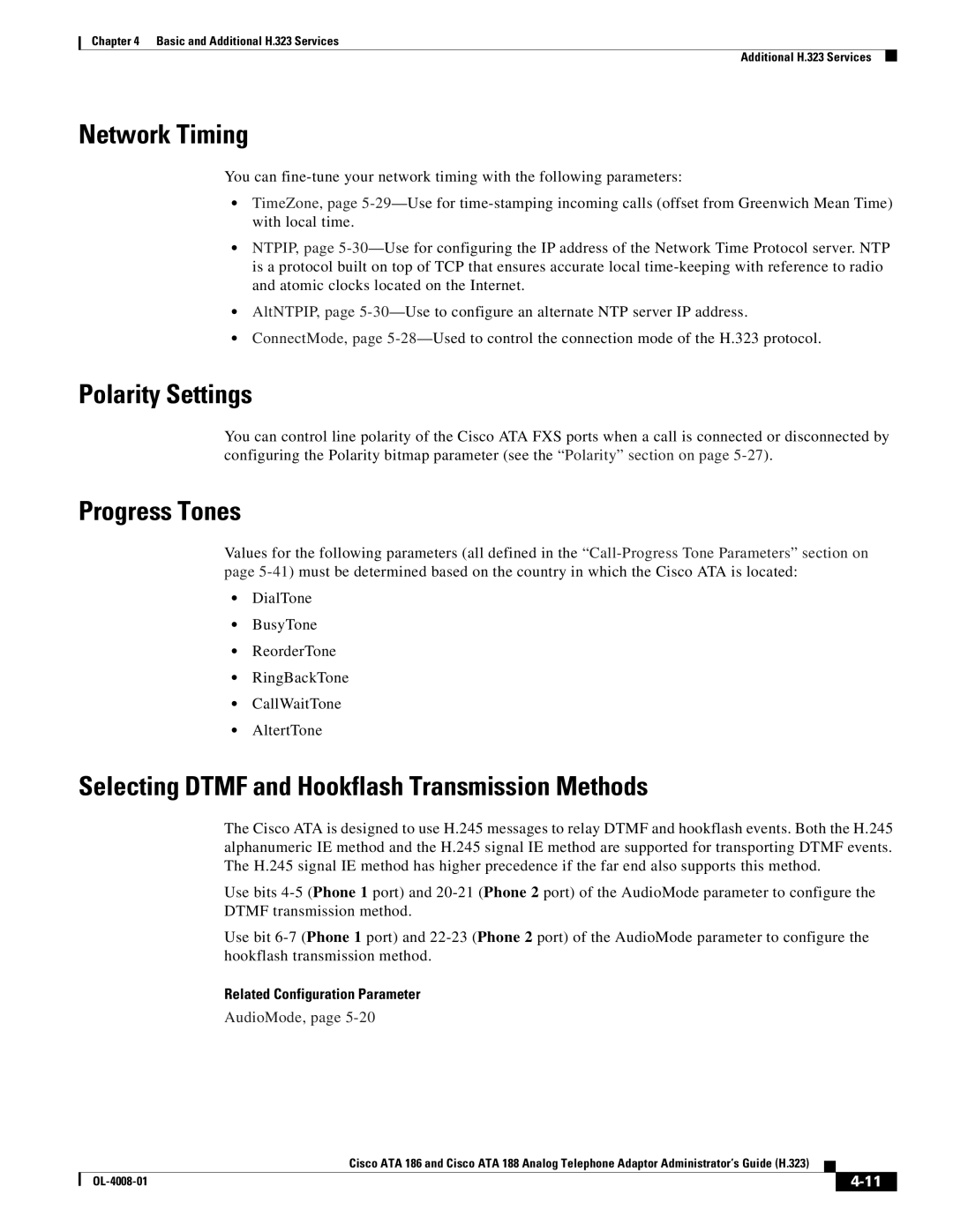 Cisco Systems ATA 188 Network Timing, Polarity Settings, Progress Tones, Selecting Dtmf and Hookflash Transmission Methods 