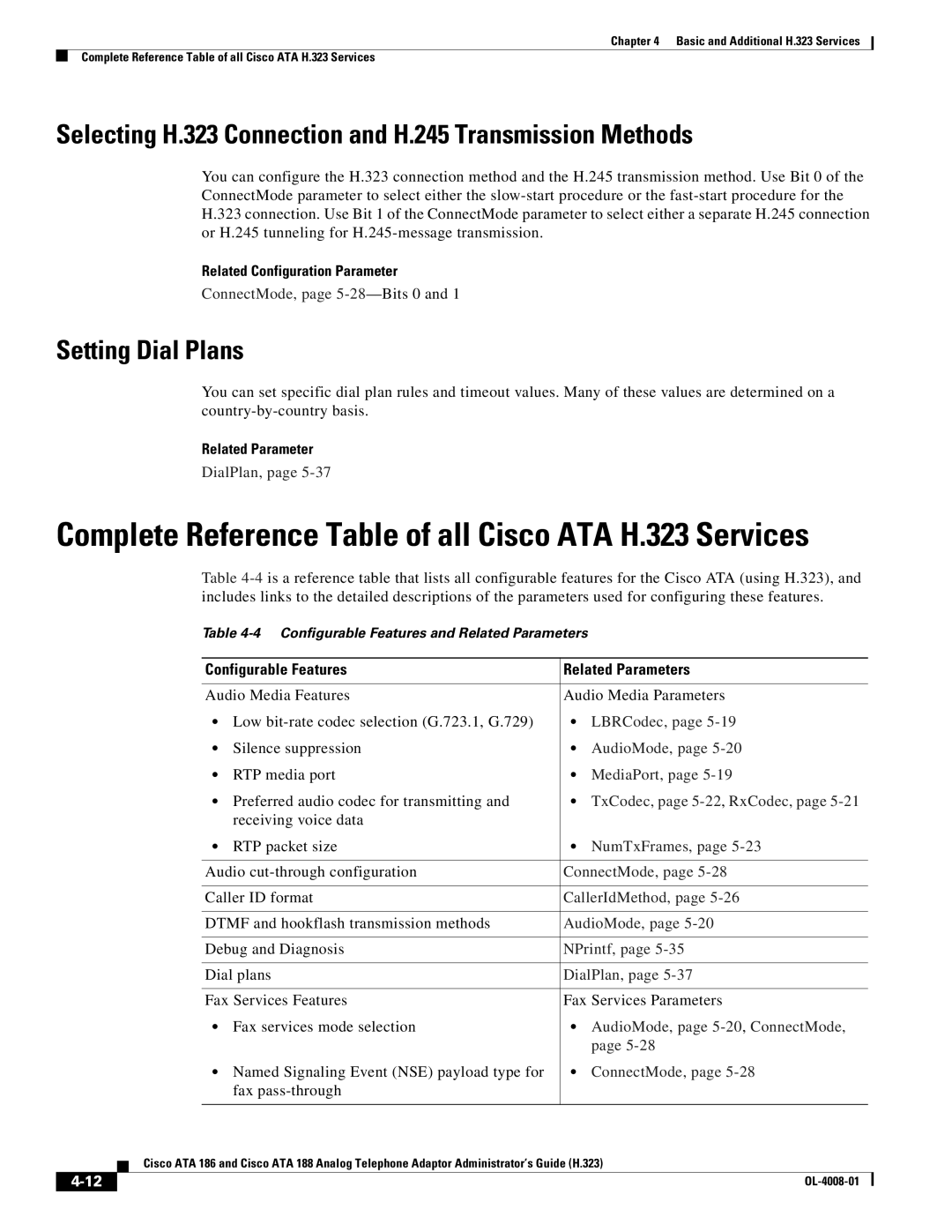 Cisco Systems ATA 188 manual Selecting H.323 Connection and H.245 Transmission Methods, Setting Dial Plans, DialPlan 