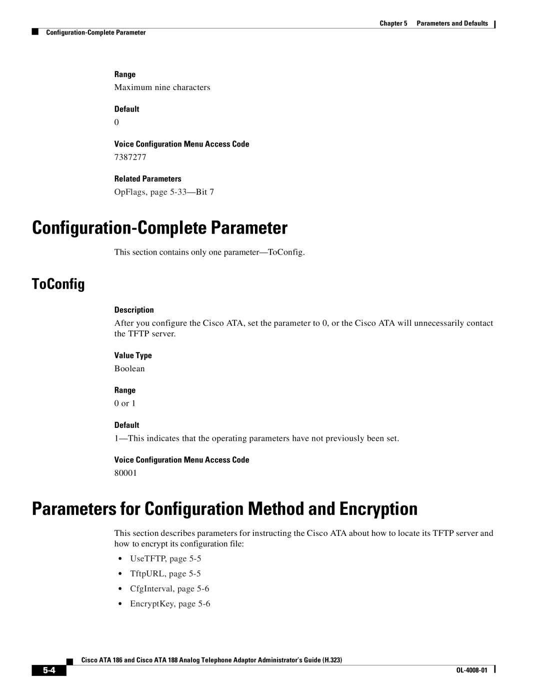 Cisco Systems ATA 188 manual Configuration-Complete Parameter, Parameters for Configuration Method and Encryption, ToConfig 